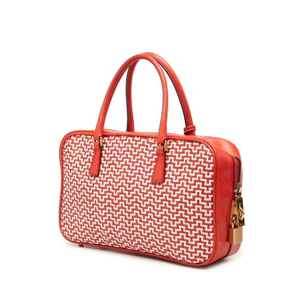 Prada Woven Goatskin Madras Bauletto Handbag Red Leather Good - Back View