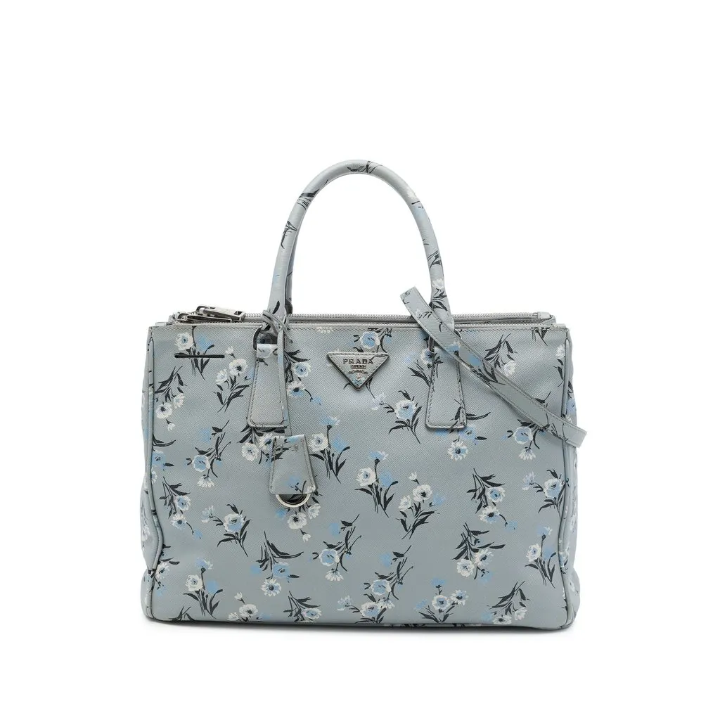 Prada Medium Saffiano Lux Galleria Floral Print Double Zip Satchel Grey Leather Good - Front View