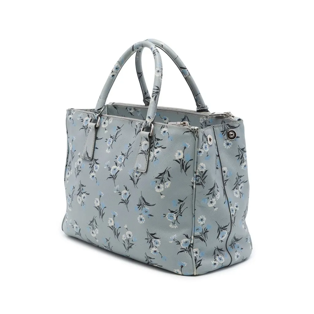 Prada Medium Saffiano Lux Galleria Floral Print Double Zip Satchel Grey Leather Good - Back View