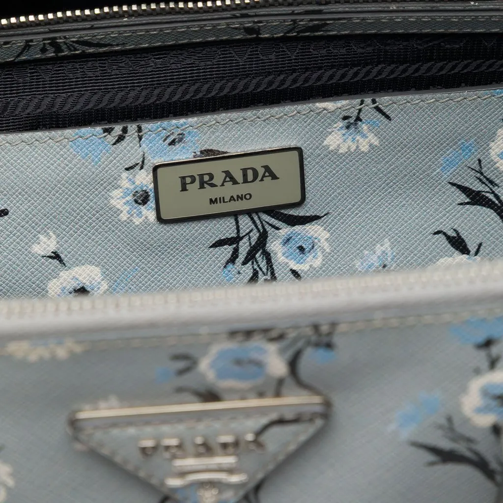 Prada Medium Saffiano Lux Galleria Floral Print Double Zip Satchel Grey Leather Good - Box View