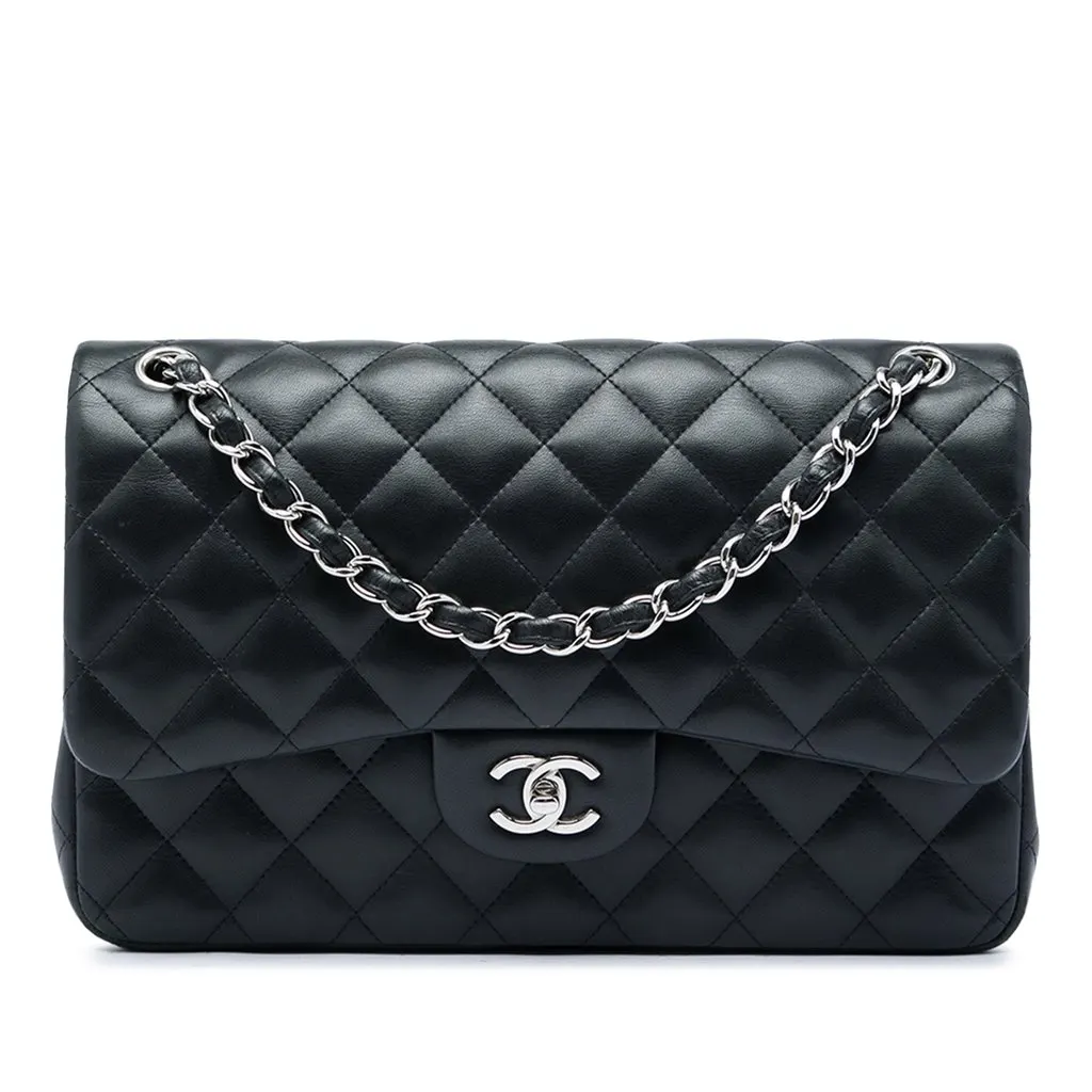 Chanel Jumbo Classic Lambskin Double Flap Black Leather Very good - Front View