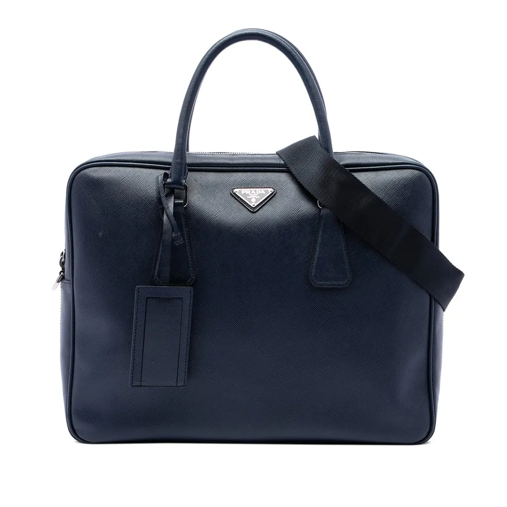 Prada Saffiano Business Bag Blue Leather Very good - Front View