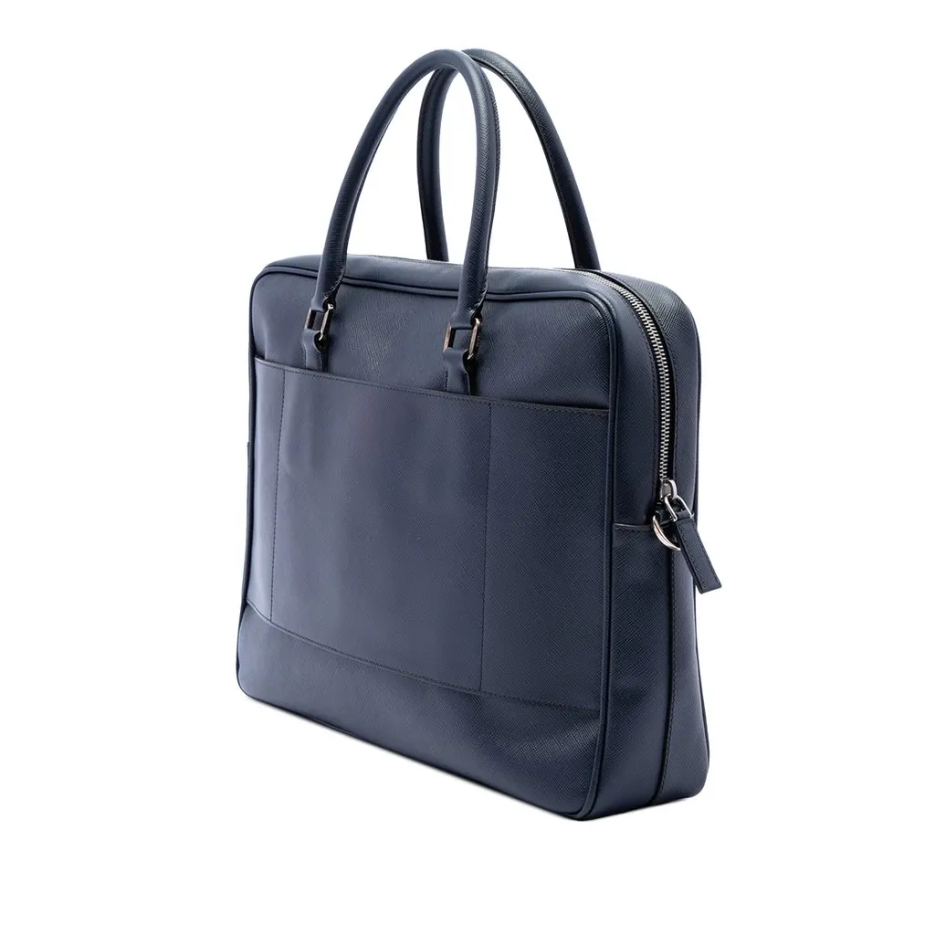 Prada Saffiano Business Bag Blue Leather Very good - Back View