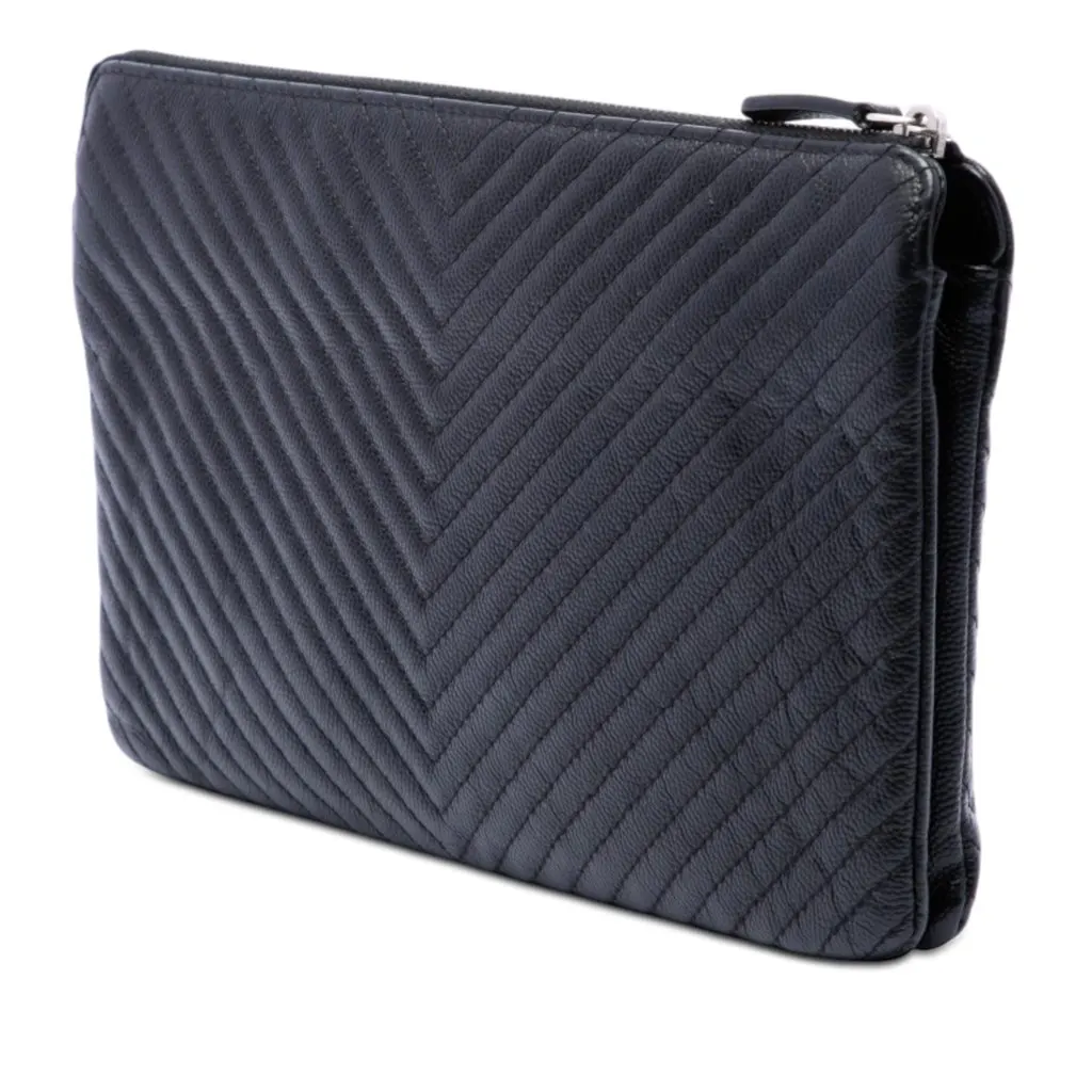 Chanel CC Chevron Caviar Zip Clutch Black Leather Very good - Back View