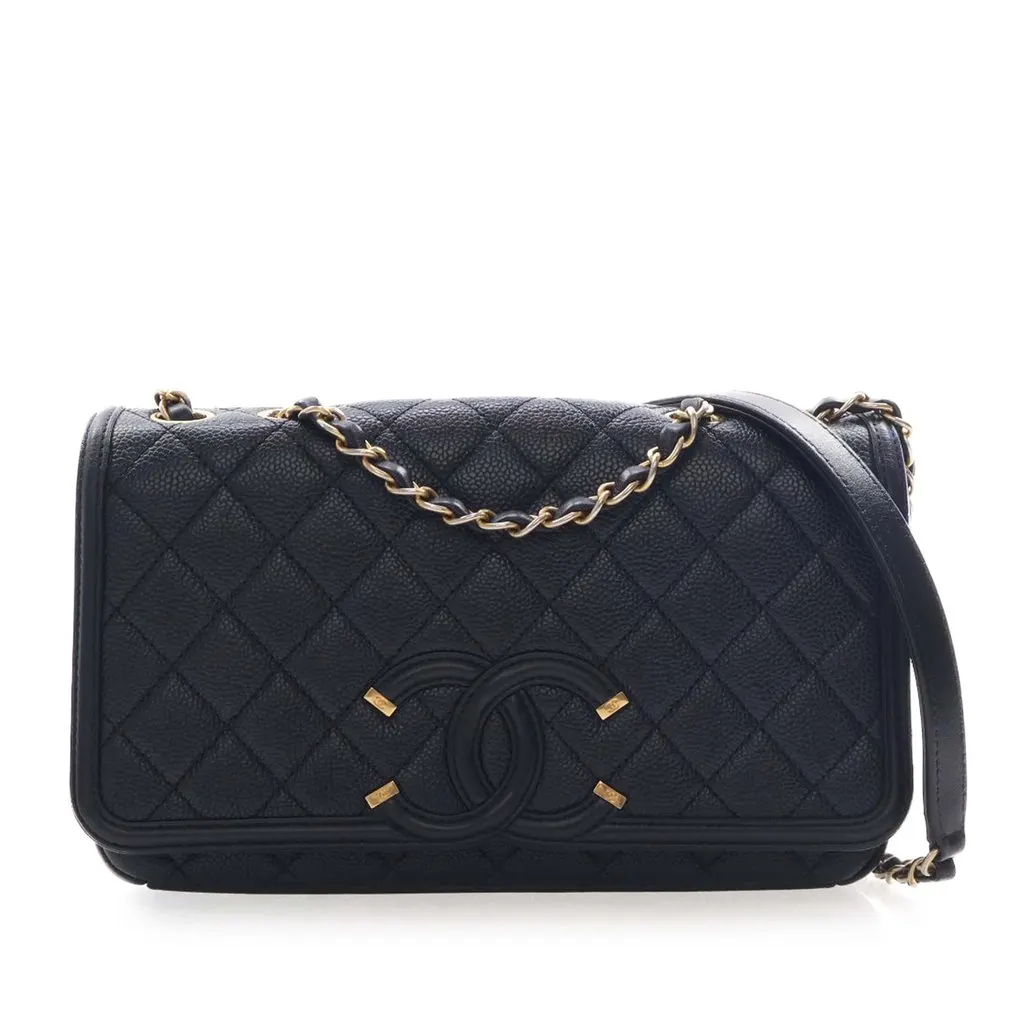 Chanel Medium Quilted Caviar CC Filigree Flap Black Leather Very good - Front View