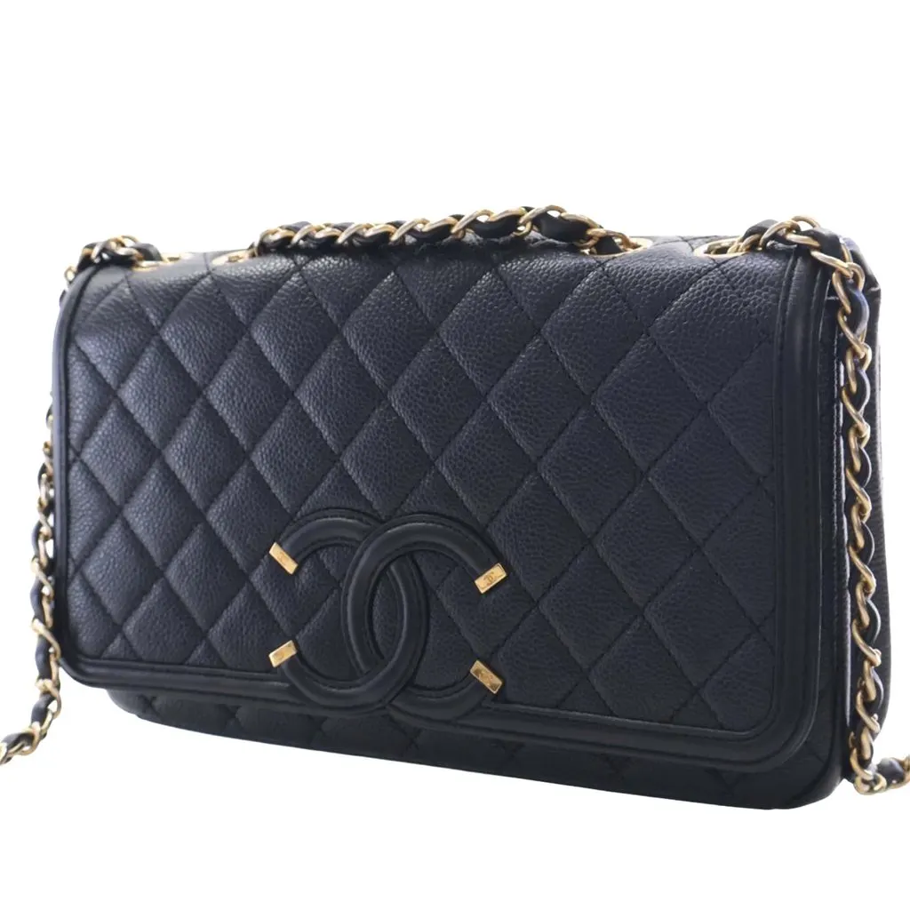 Chanel Medium Quilted Caviar CC Filigree Flap Black Leather Very good - Back View