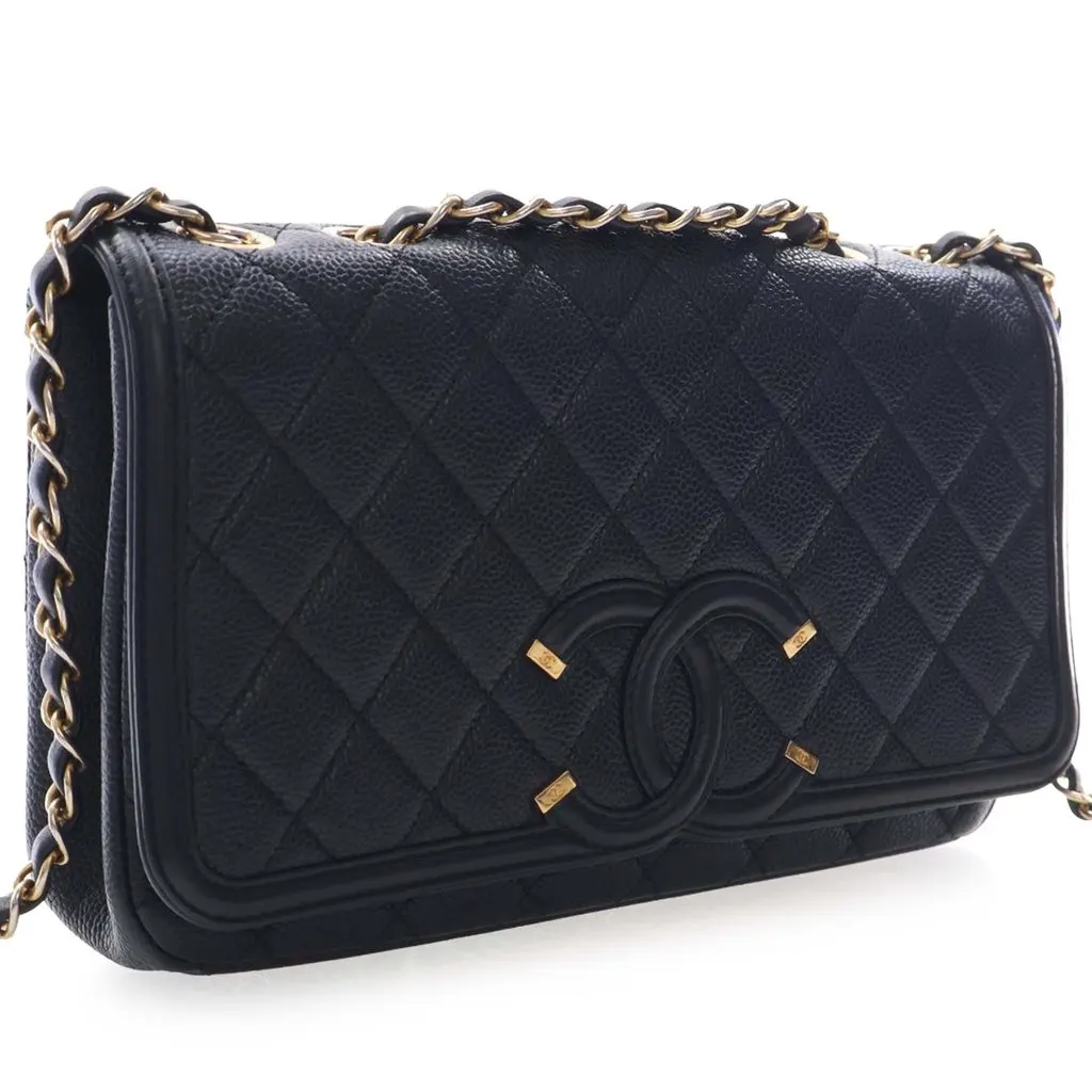 Chanel Medium Quilted Caviar CC Filigree Flap Black Leather Very good - Inside View