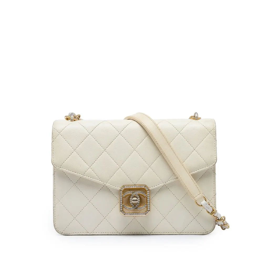 Chanel Quilted Lambskin Crystal Geometric CC Frame Flap White Leather Very good - Front View