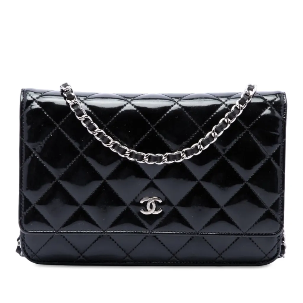 Chanel CC Quilted Patent Wallet On Chain Black Leather Very good - Front View
