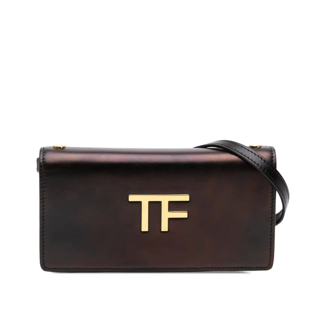 Tom Ford Mini Calfskin Palmellato TF Wallet On Strap Black Leather Good - Front View