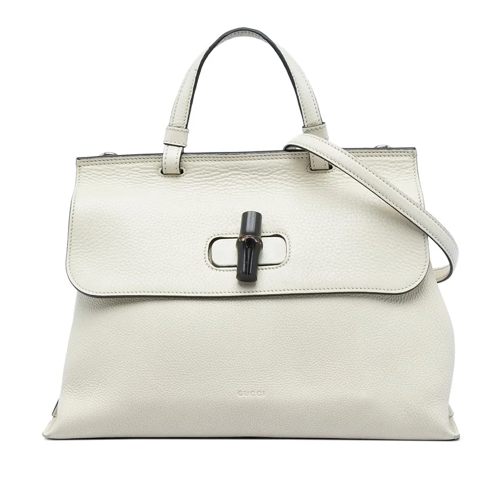 Gucci Medium Calfskin Bamboo Daily Satchel White Leather Very good - Front View