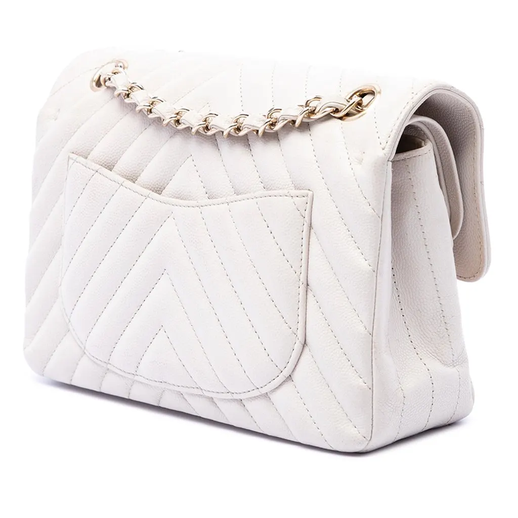 Chanel Small Classic Chevron Caviar Double Flap White Leather Very good - Back View