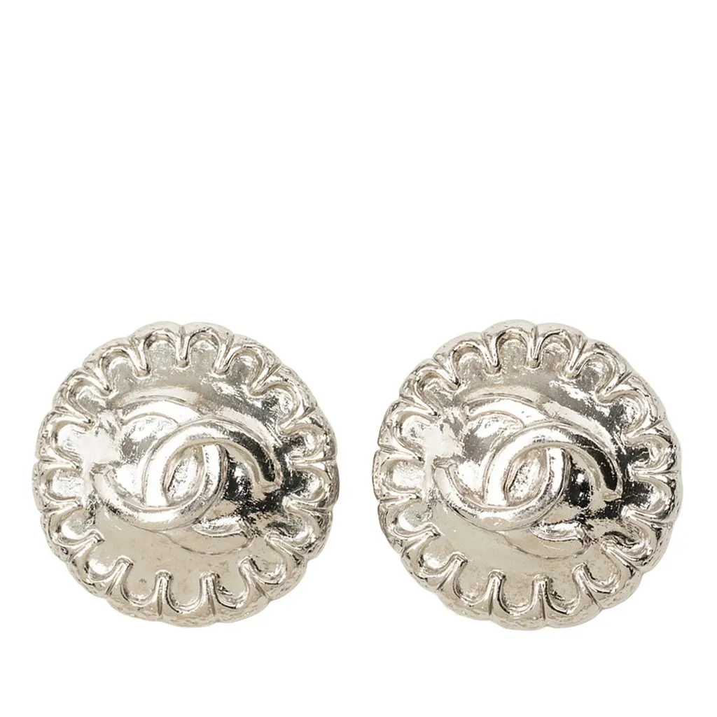 Chanel CC Brass Round Clip On Earrings Silver Brass Very good - Front View