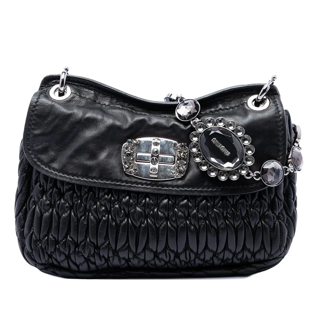 Miu Miu Matelasse Nappa Crystal Chain Crossbody Black Leather Very good - Front View