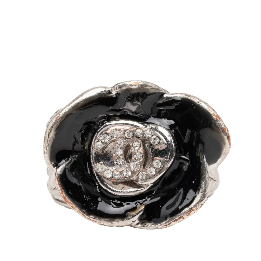 Chanel CC Brass and Strass Enamel Camellia Ring Black Metal Very good - Front View