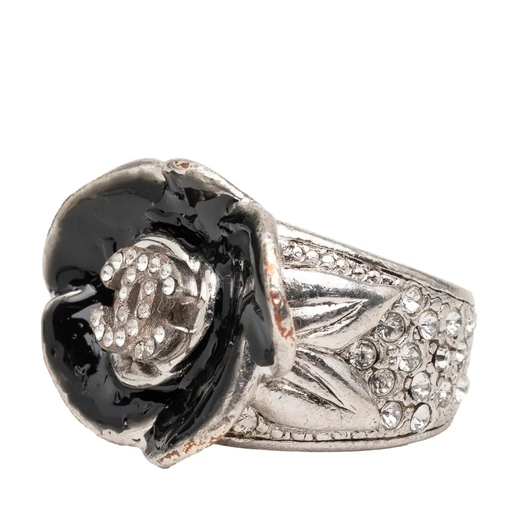 Chanel CC Brass and Strass Enamel Camellia Ring Black Metal Very good - Back View
