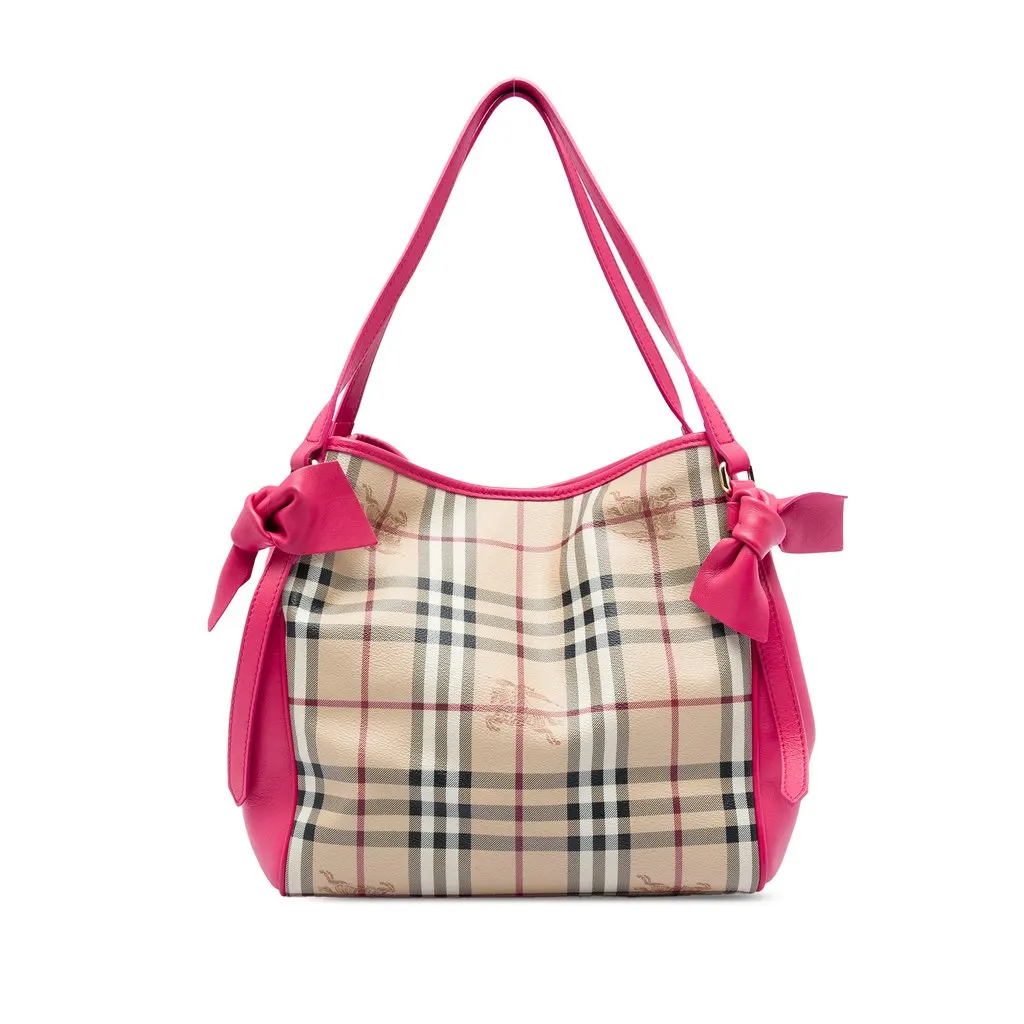 Burberry Small Haymarket Check Coated Canvas and Calfskin Canterbury Bow Tote Beige Canvas Good - Front View