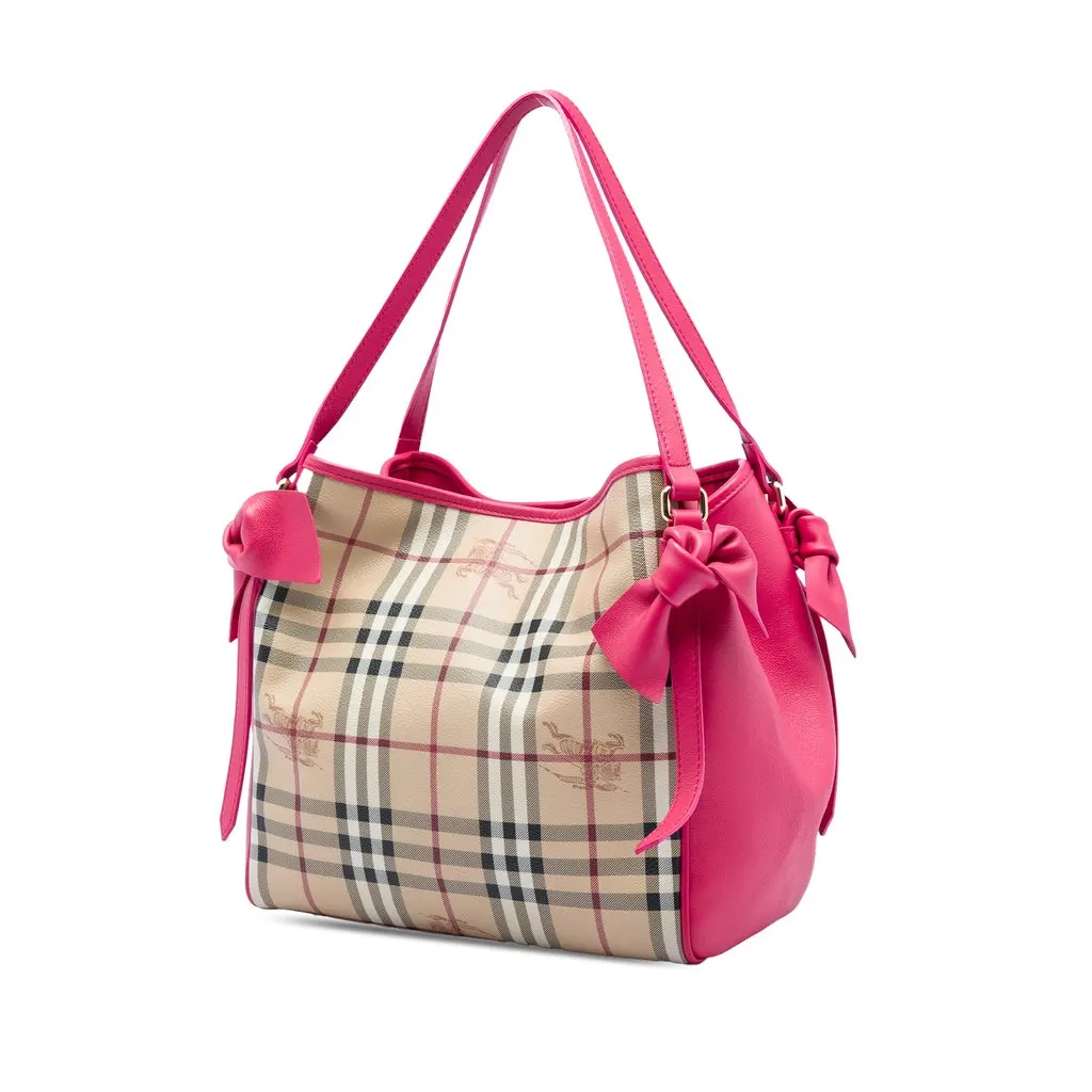 Burberry Small Haymarket Check Coated Canvas and Calfskin Canterbury Bow Tote Beige Canvas Good - Back View