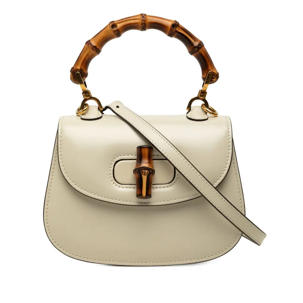Gucci Mini Calfskin 1947 Bamboo Top Handle Bag White Leather Very good - Front View