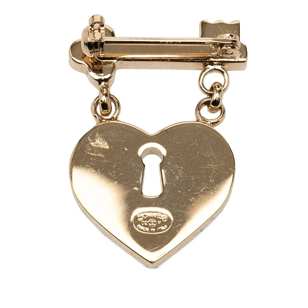 Chanel CC Gold Plated Strass Heart Lock and Key Brooch Gold Metal Very good - Back View