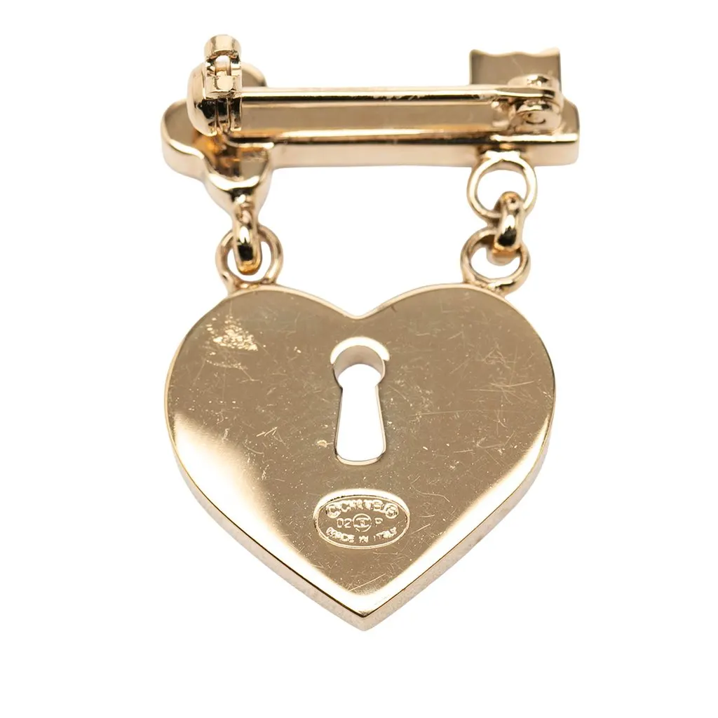 Chanel CC Gold Plated Strass Heart Lock and Key Brooch Gold Metal Very good - Inside View