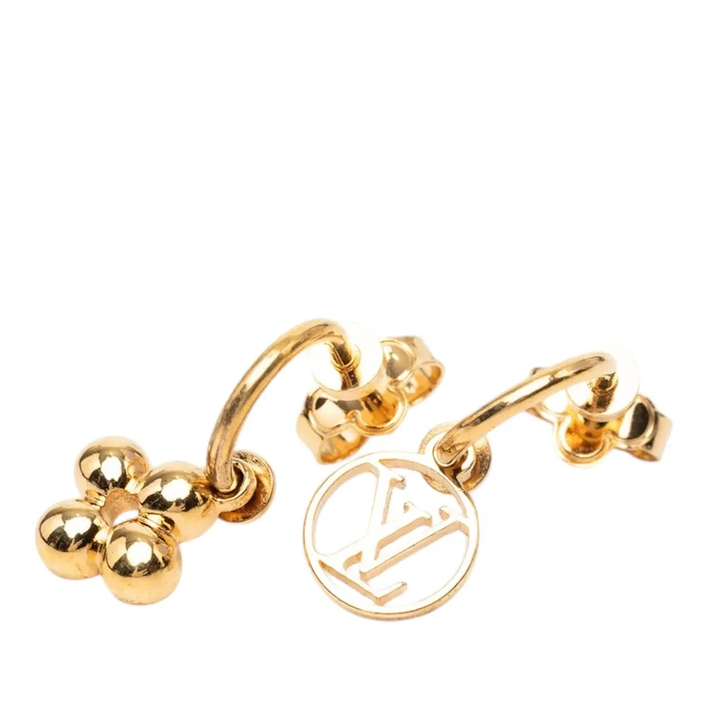 Louis Vuitton Gold Plated Blooming Push Back Earrings Gold Metal Very good - Front View