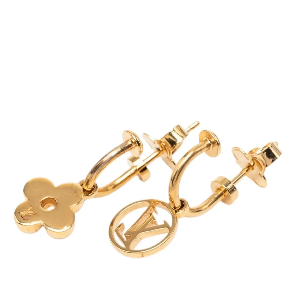 Louis Vuitton Gold Plated Blooming Push Back Earrings Gold Metal Very good - Back View
