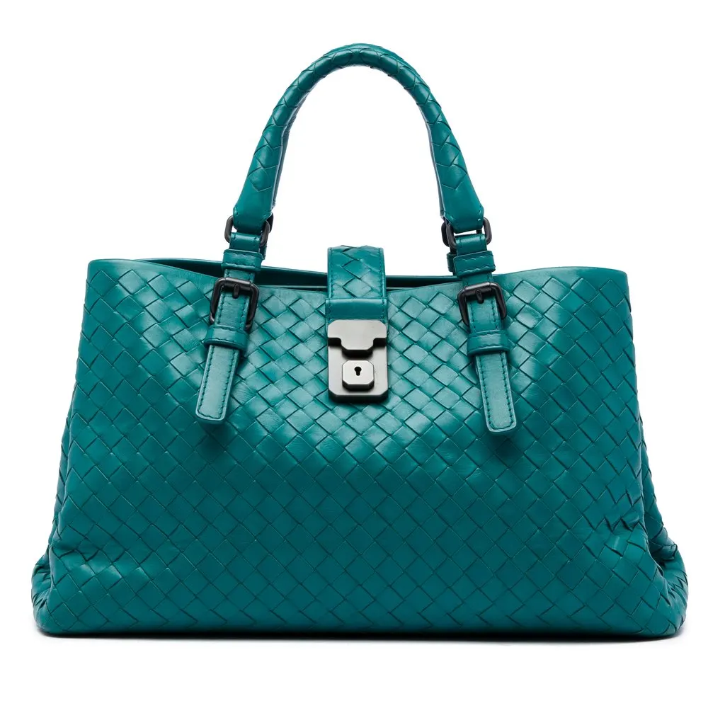 Bottega Veneta Small Nappa Intrecciato Roma Satchel Blue Leather Good - Front View
