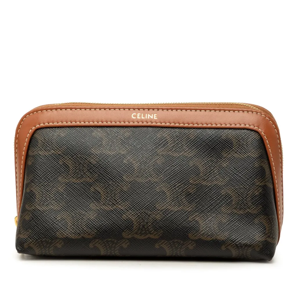Celine Small Triomphe Coated Canvas and Calfskin Cosmetic Pouch Brown Canvas Very good - Front View