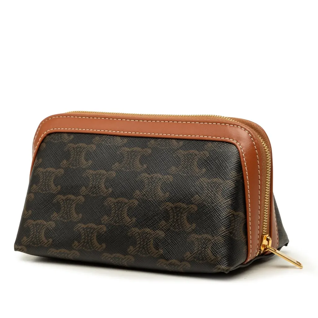 Celine Small Triomphe Coated Canvas and Calfskin Cosmetic Pouch Brown Canvas Very good - Back View