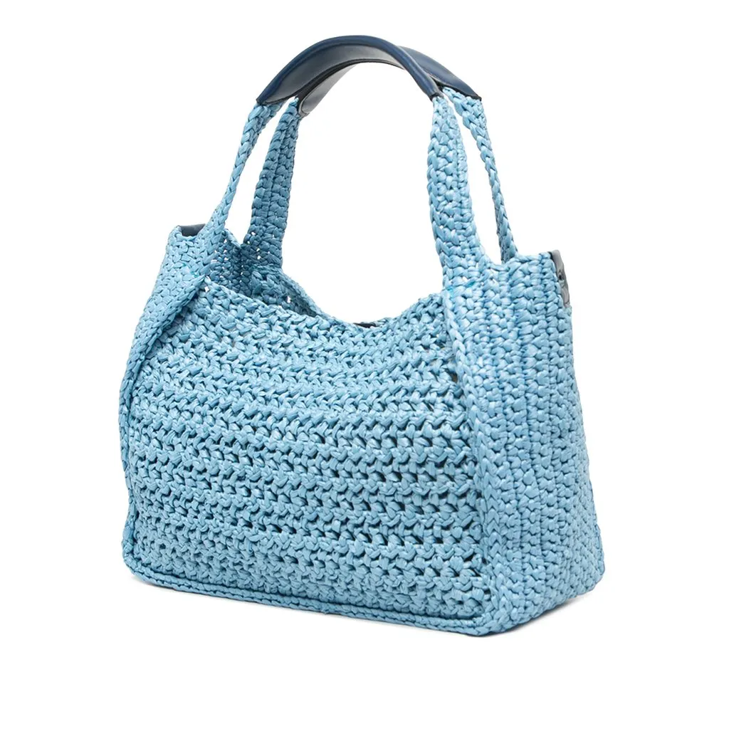 Stella McCartney Embroidered Leather Logo Straw Convertible Tote Blue Rattan Very good - Back View