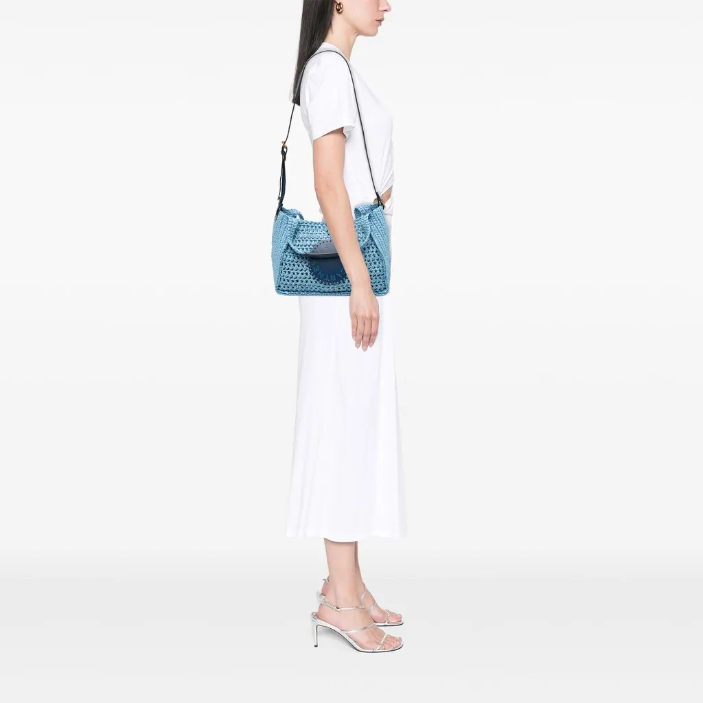 Stella McCartney Embroidered Leather Logo Straw Convertible Tote Blue Rattan Very good - Box View