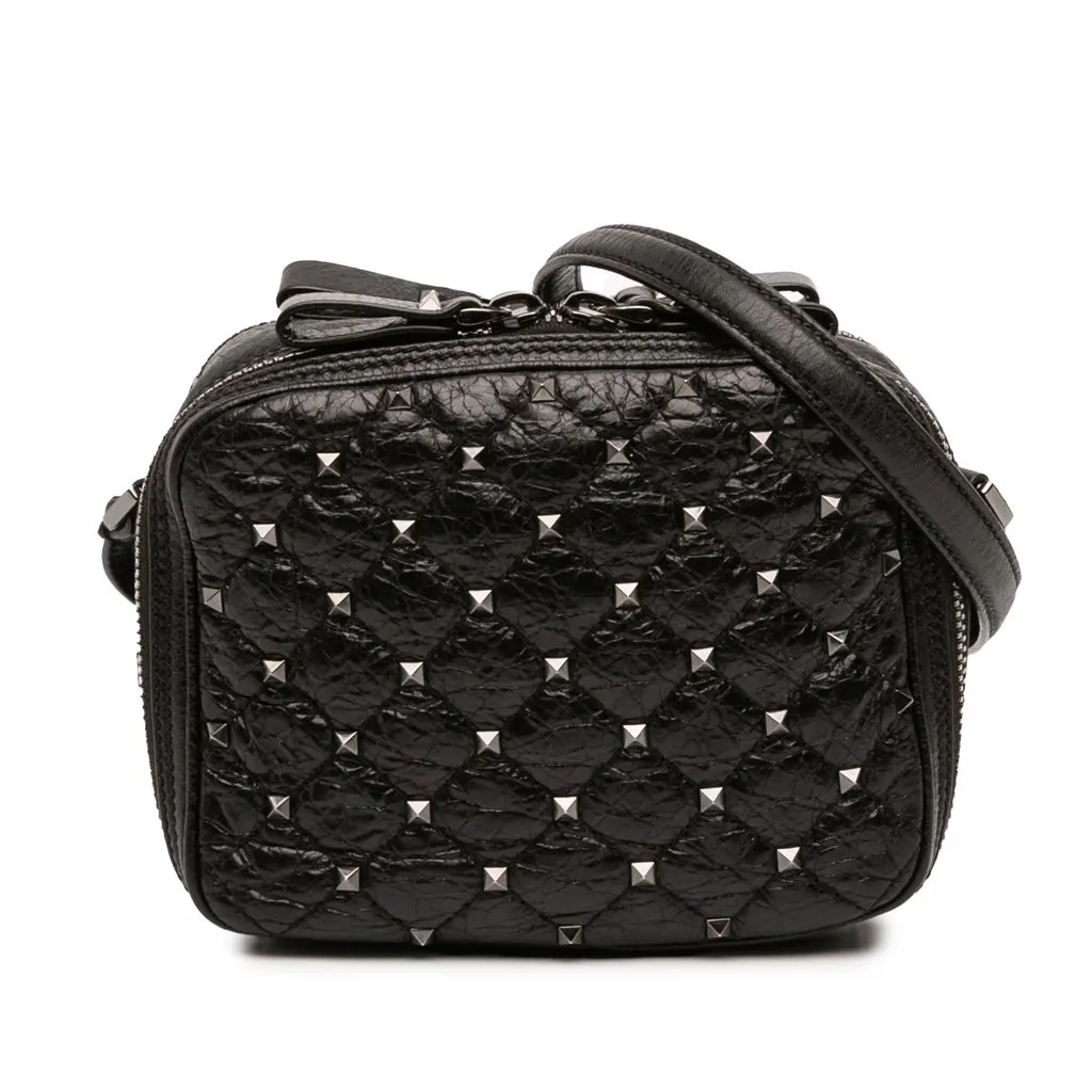 Valentino Quilted Crinkled Leather Rockstud Double Zip Camera Bag Black Leather Very good - Front View