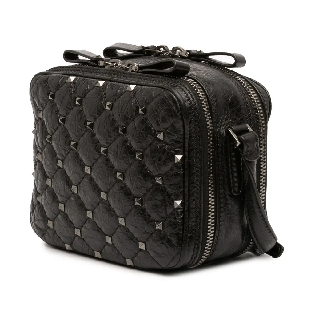 Valentino Quilted Crinkled Leather Rockstud Double Zip Camera Bag Black Leather Very good - Back View