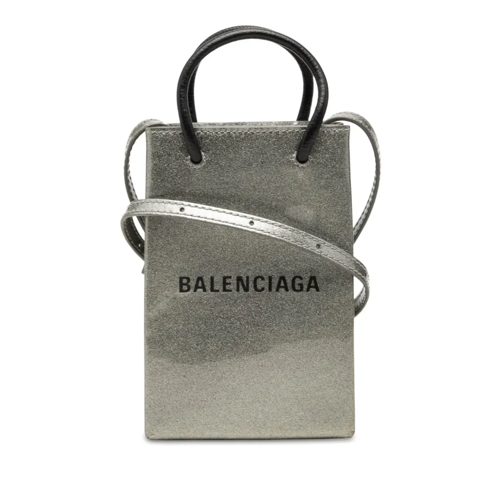 Balenciaga Mini Patent Logo Shopping Phone Holder Silver Leather Good - Front View