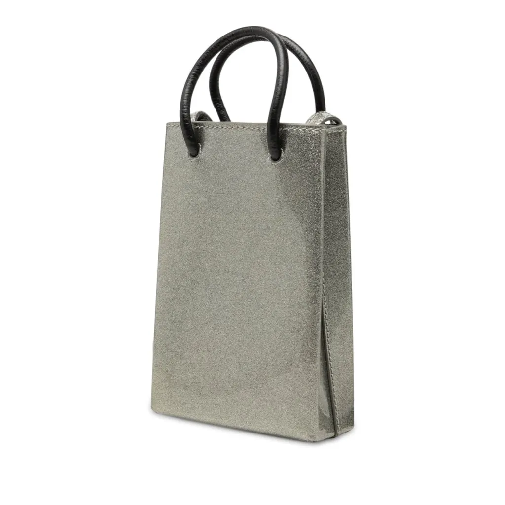 Balenciaga Mini Patent Logo Shopping Phone Holder Silver Leather Good - Back View