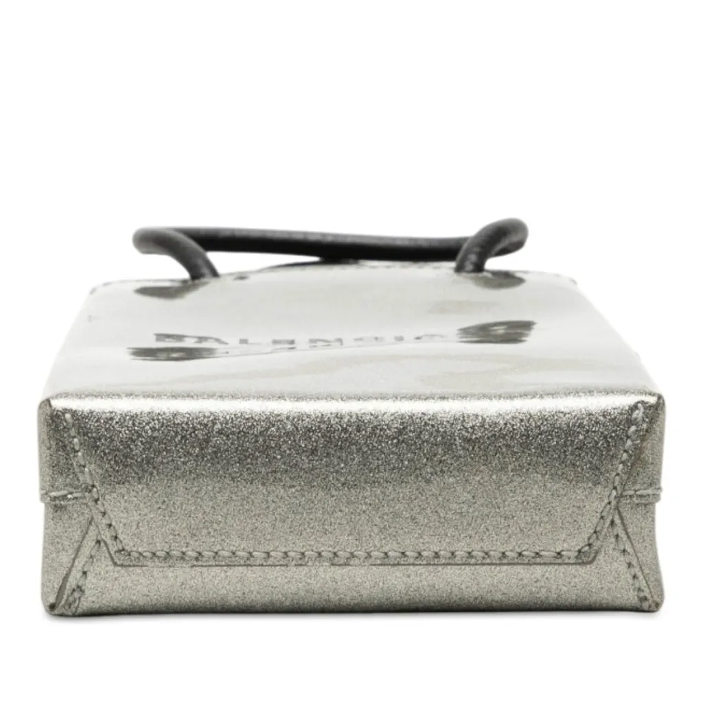 Balenciaga Mini Patent Logo Shopping Phone Holder Silver Leather Good - Inside View