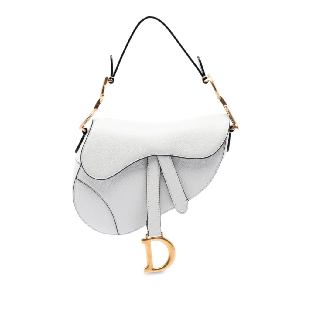 Dior Mini Grained Calfskin Saddle Bag White Leather Very good - Front View