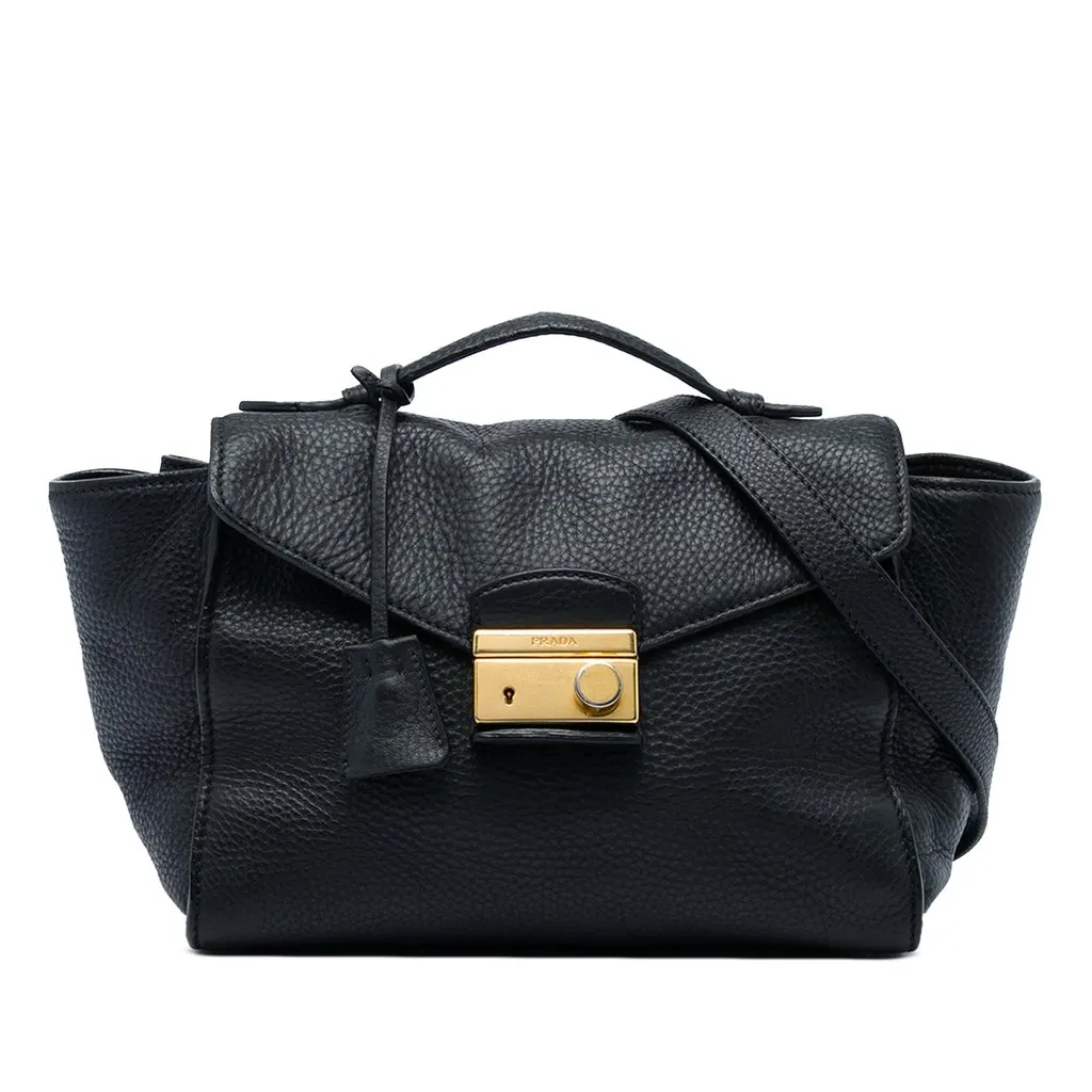 Prada Vitello Daino Soundlock Satchel Black Medium Leather
