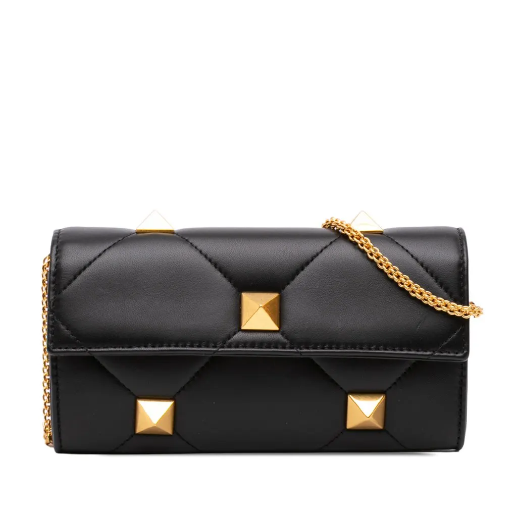 Valentino Nappa Roman Stud Wallet On Chain Black Leather Good - Front View