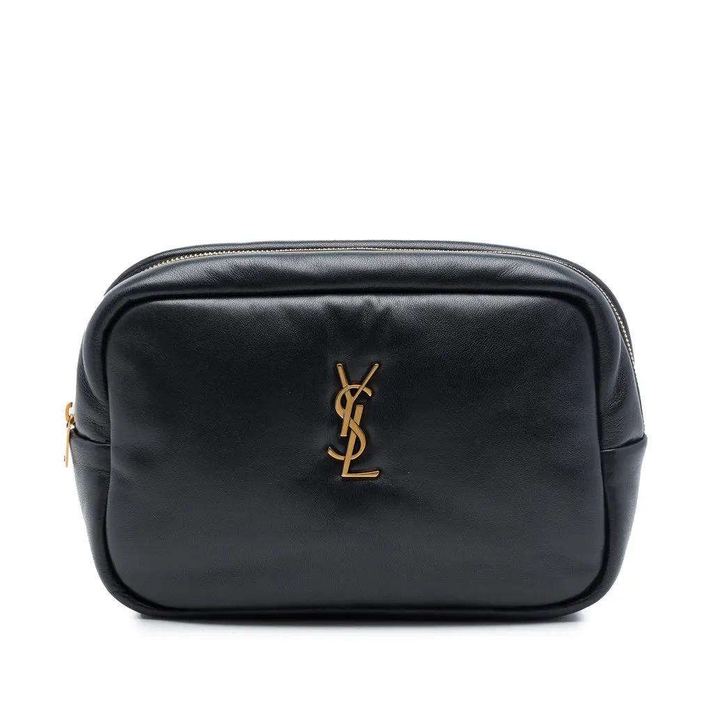 Saint Laurent Small Padded Lambskin Monogram Calypso Cosmetic Pouch Black Leather Very good - Front View