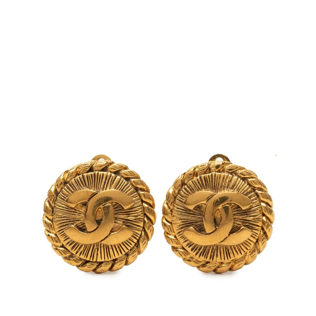 Chanel CC Gold Plated Sunburst Round Clip On Earrings Gold Metal Very good - Front View