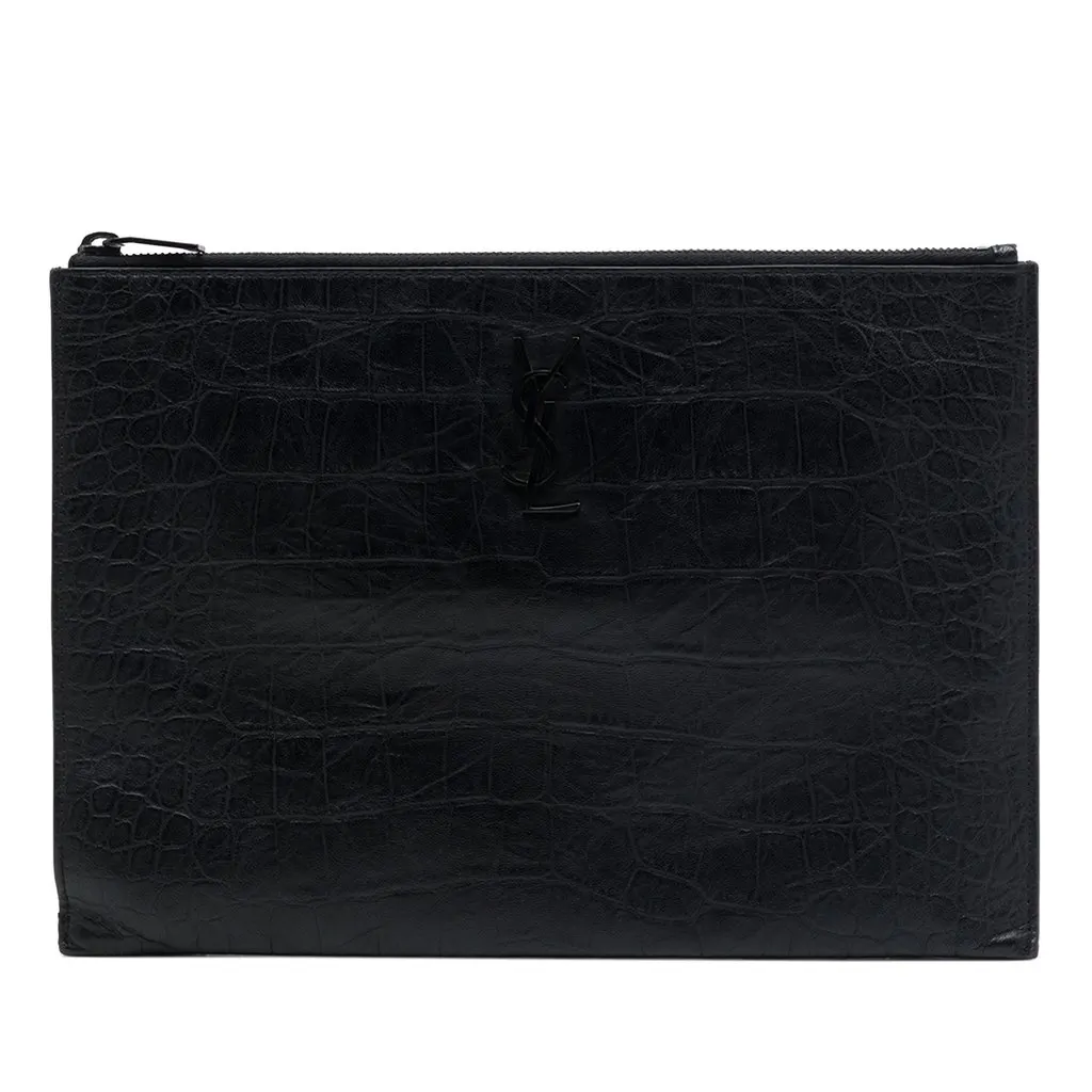 Saint Laurent Croc Embossed Leather Monogram iPad Case Black Leather Very good - Front View