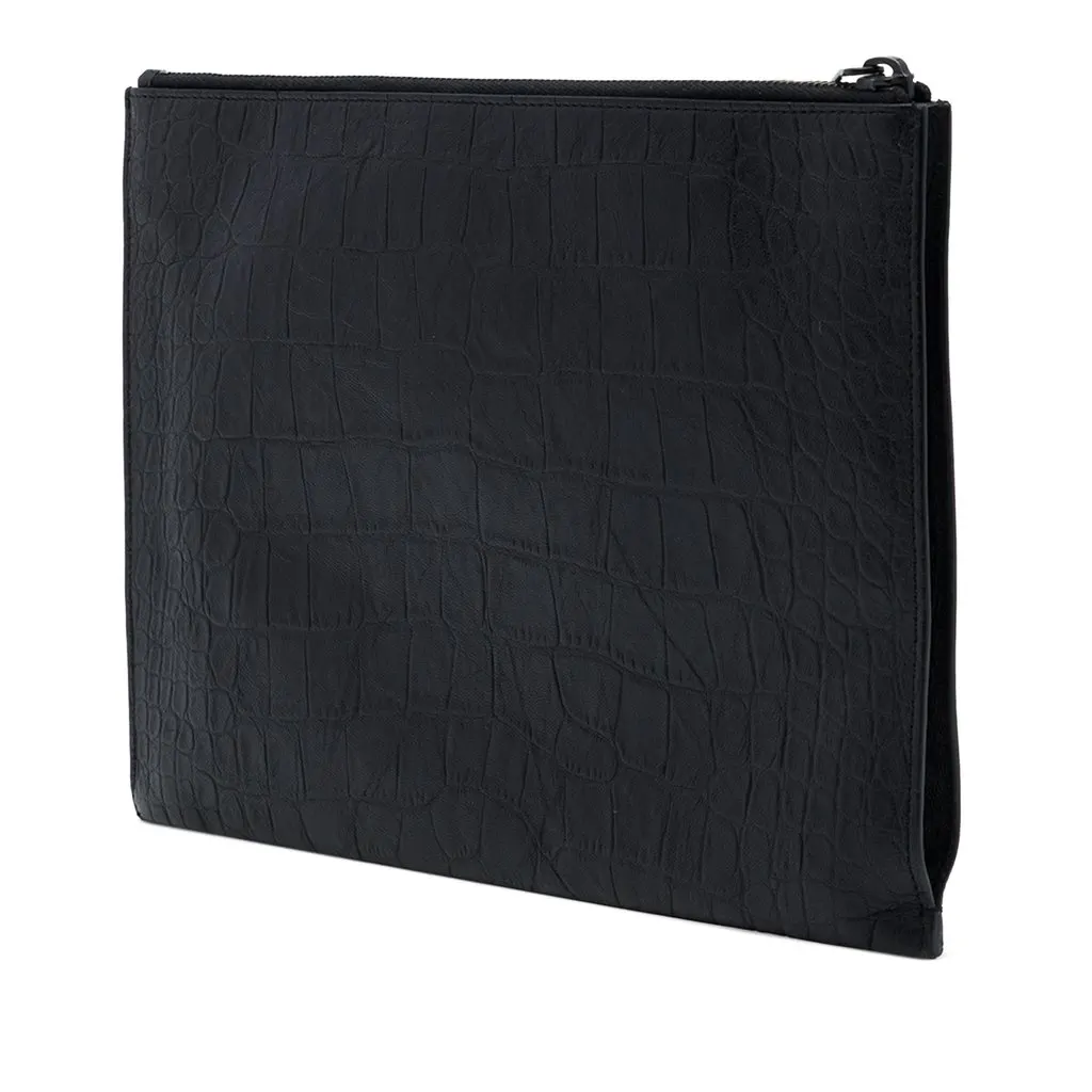 Saint Laurent Croc Embossed Leather Monogram iPad Case Black Leather Very good - Back View