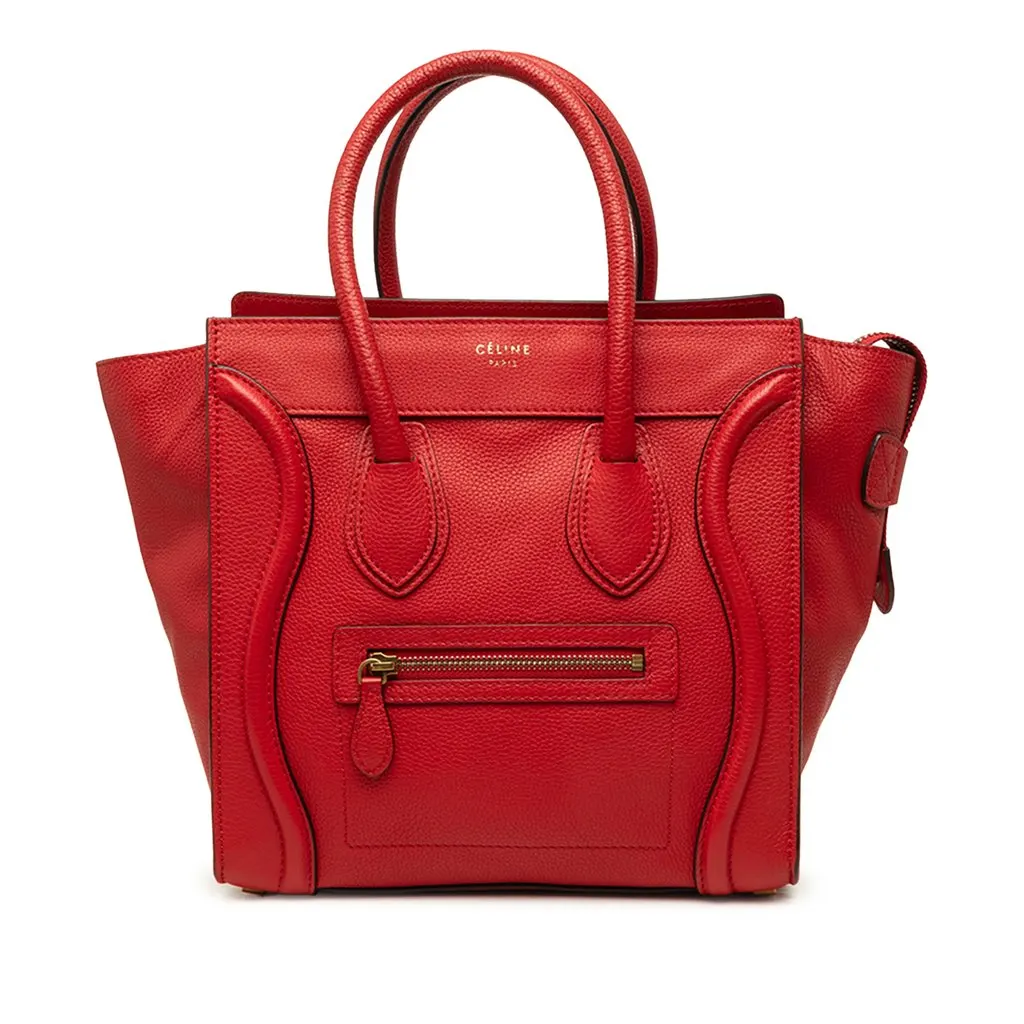 Celine Micro Drummed Calfskin Luggage Tote Red Leather Very good - Front View