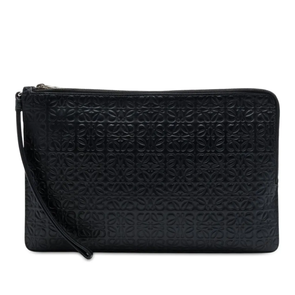 Loewe Embossed Anagram Calfskin Repeat Double Flat Pouch Black Leather Good - Front View