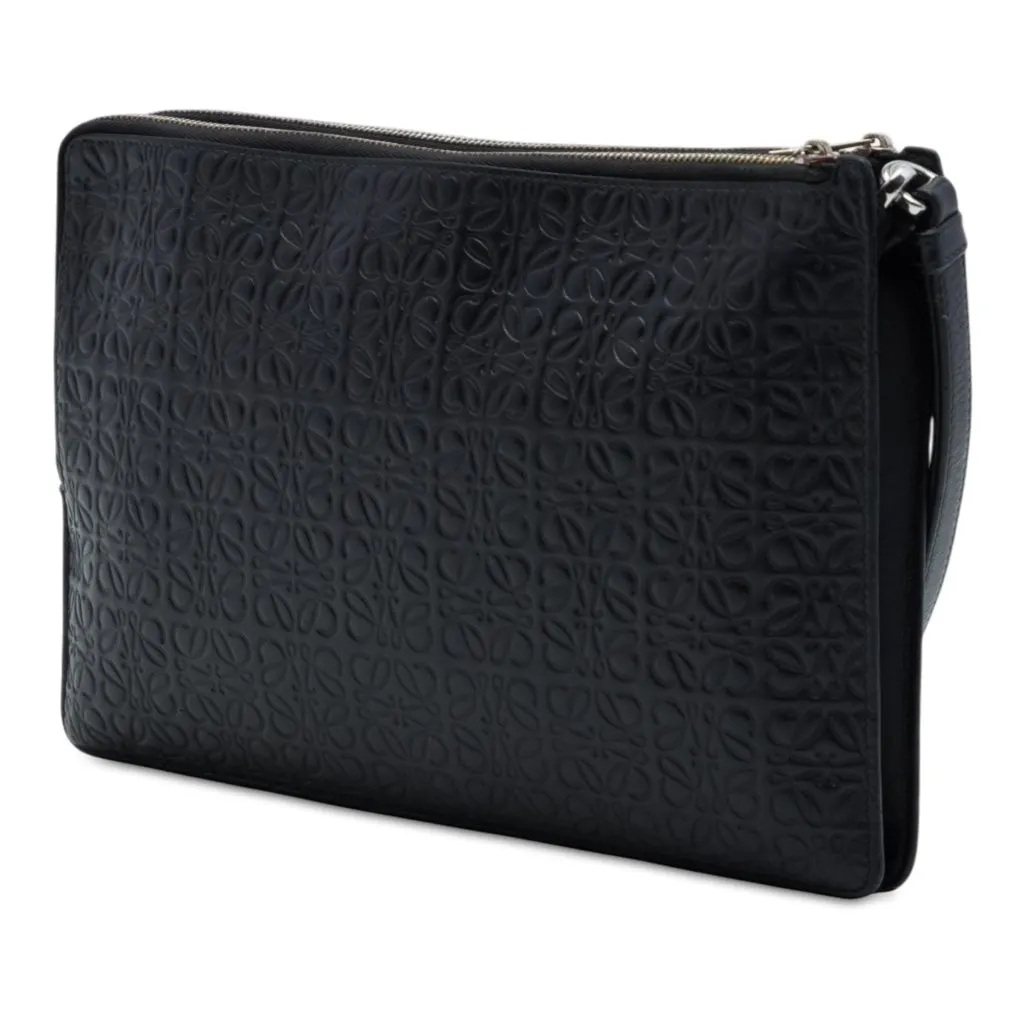 Loewe Embossed Anagram Calfskin Repeat Double Flat Pouch Black Leather Good - Back View