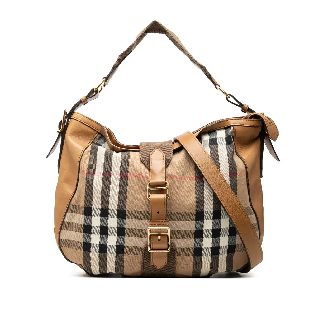Burberry Medium House Check Canvas Ashwood Hobo Beige Very good - Front View
