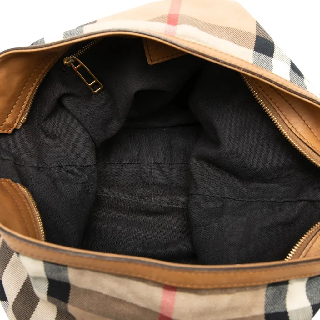 Burberry Medium House Check Canvas Ashwood Hobo Beige Very good - Model View