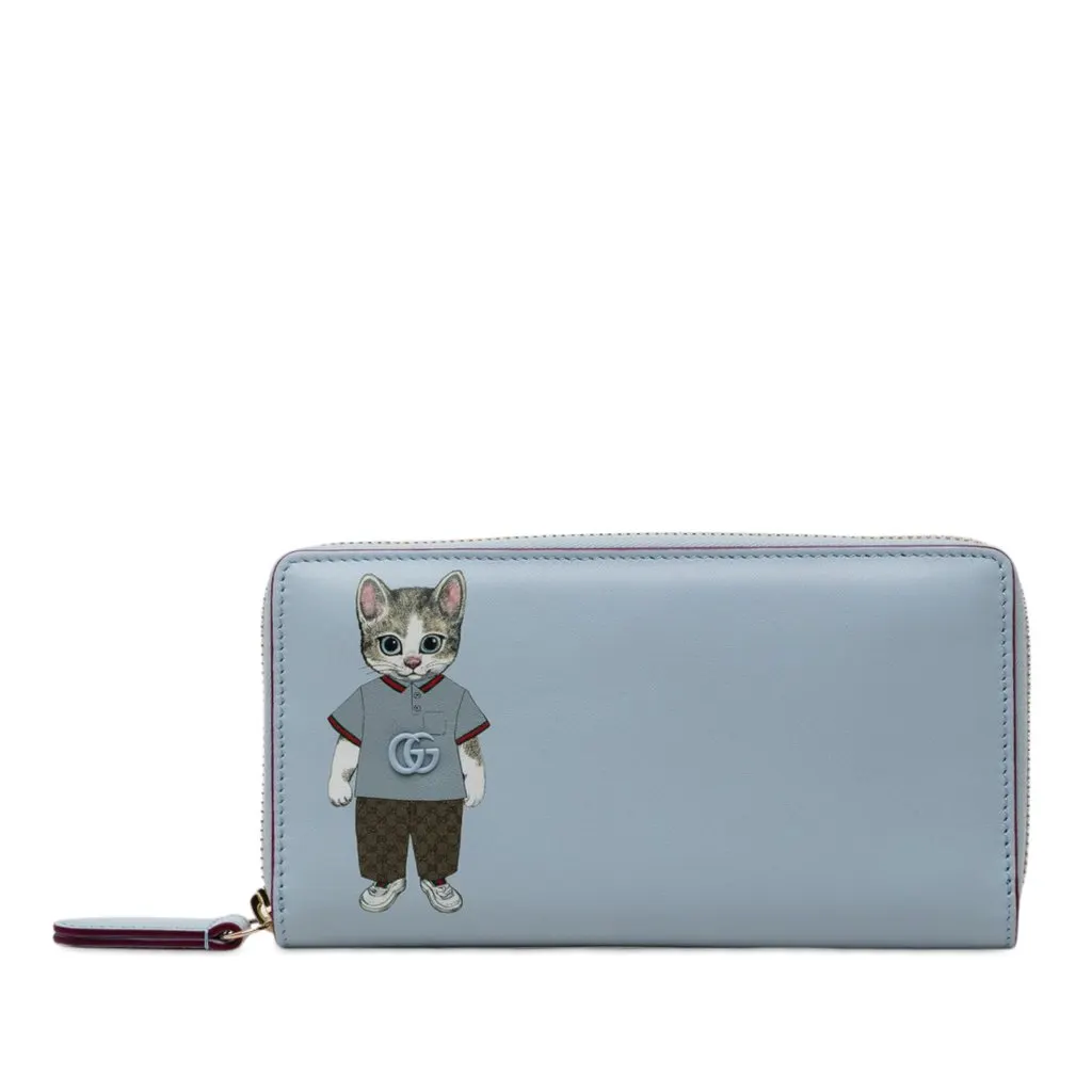 Gucci Yuko Higuchi Calfskin Cat Boris Zip Around Wallet Blue Leather Very good - Front View